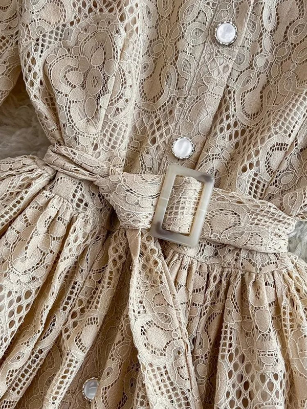 2024-es divat, alkalmi khaki csipke ingruha, hosszú, lámpás ujjú női, egysoros virágos öv, horgolt Vestidos