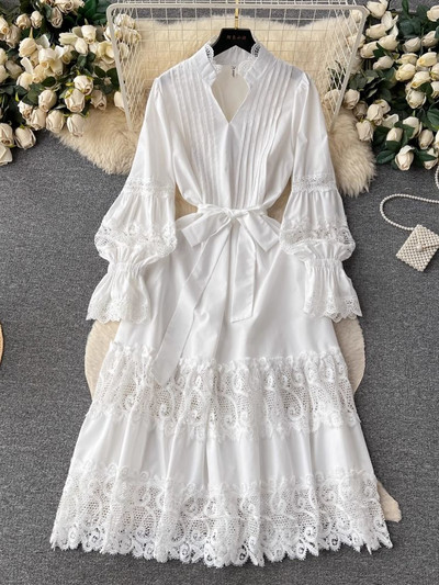 Φθινοπωρινό Holiday Hollow Out Lace Patchwork Φαρδύ φόρεμα Γυναικείο V λαιμόκοψη μακρυμάνικη ζώνη με κορδόνια επάνω Μονόχρωμο Party Vestido