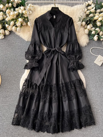 Φθινοπωρινό Holiday Hollow Out Lace Patchwork Φαρδύ φόρεμα Γυναικείο V λαιμόκοψη μακρυμάνικη ζώνη με κορδόνια επάνω Μονόχρωμο Party Vestido