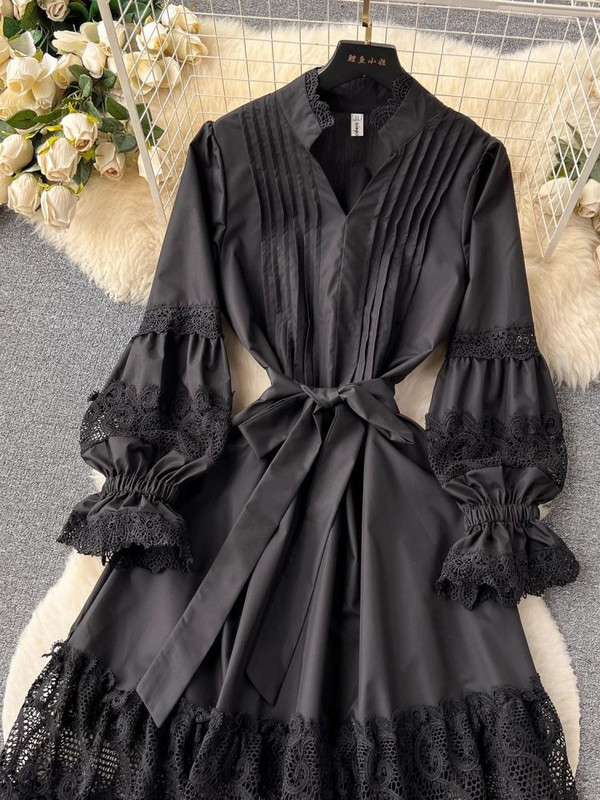 Őszi ünnep üreges csipke patchwork bő ruha női V-nyakú, hosszú, kiszélesedő ujjú öv fűzős egyszínű Party Vestido