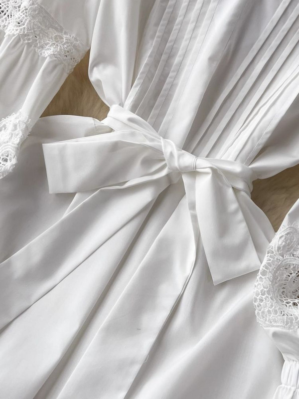 Őszi ünnep üreges csipke patchwork bő ruha női V-nyakú, hosszú, kiszélesedő ujjú öv fűzős egyszínű Party Vestido