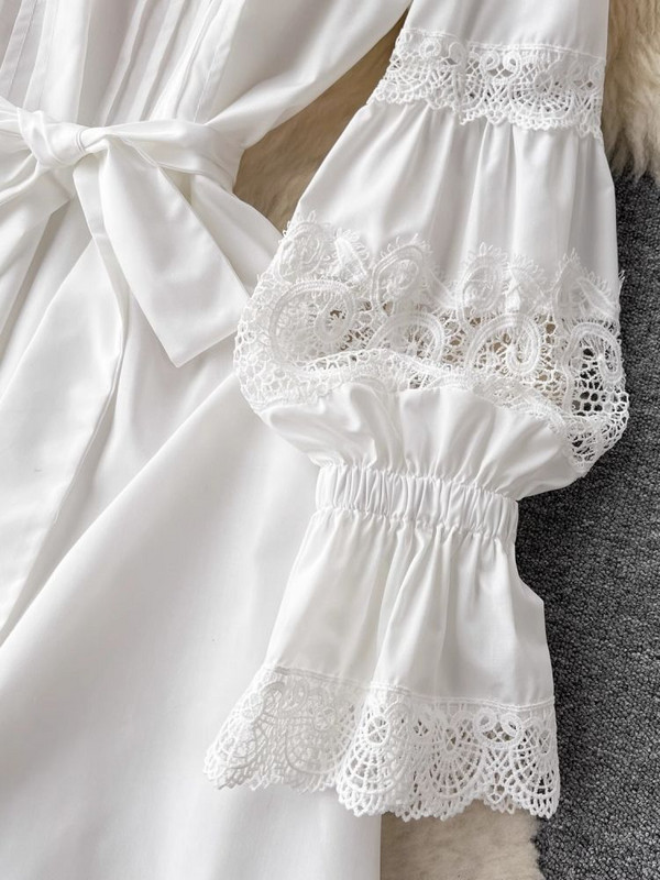 Őszi ünnep üreges csipke patchwork bő ruha női V-nyakú, hosszú, kiszélesedő ujjú öv fűzős egyszínű Party Vestido