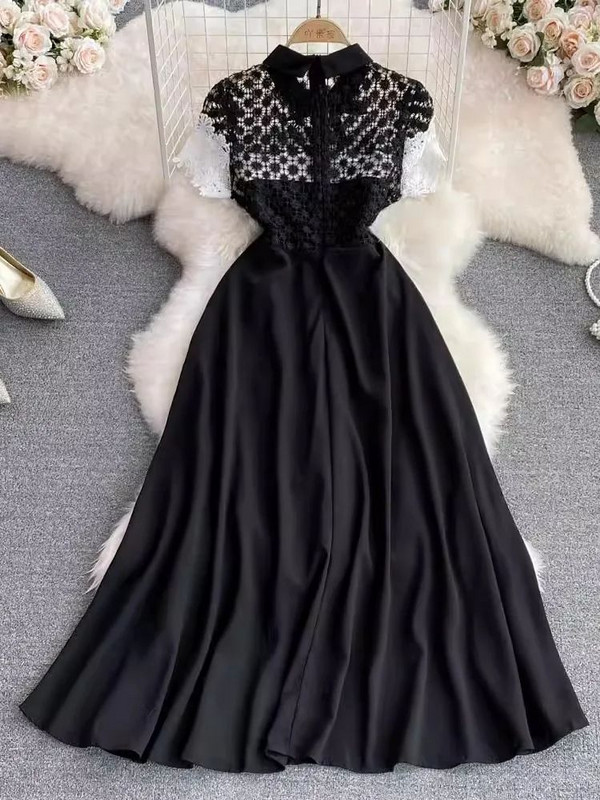 Nyári kifutó horgolt csipkevarrás fekete parti ruházat női masni gallér rövid ujjú, kivájt karcsú derék Midi Vestidos