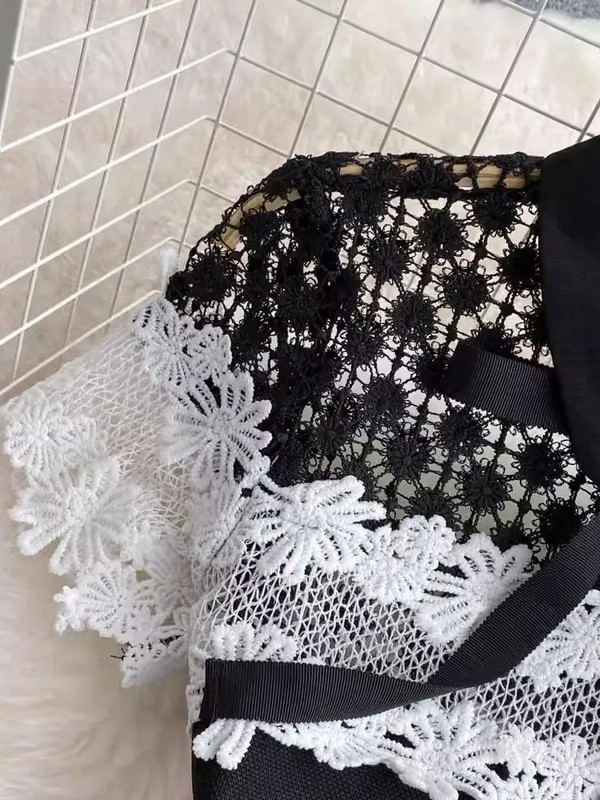 Nyári kifutó horgolt csipkevarrás fekete parti ruházat női masni gallér rövid ujjú, kivájt karcsú derék Midi Vestidos