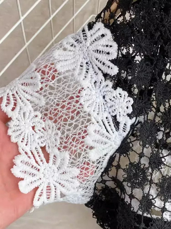 Nyári kifutó horgolt csipkevarrás fekete parti ruházat női masni gallér rövid ujjú, kivájt karcsú derék Midi Vestidos