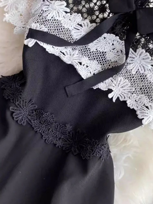 Nyári kifutó horgolt csipkevarrás fekete parti ruházat női masni gallér rövid ujjú, kivájt karcsú derék Midi Vestidos