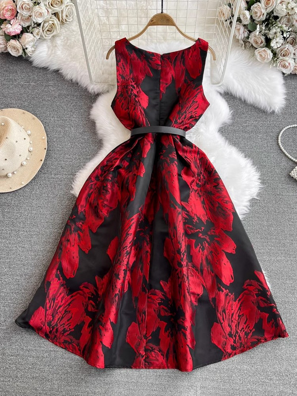 Nyári Runway Virág Jacquard Ruha Női Ujjatlan O Nyak Tank Cipzáras Öv Zseb Designer báli ruha Party Prom Midi Vestidos