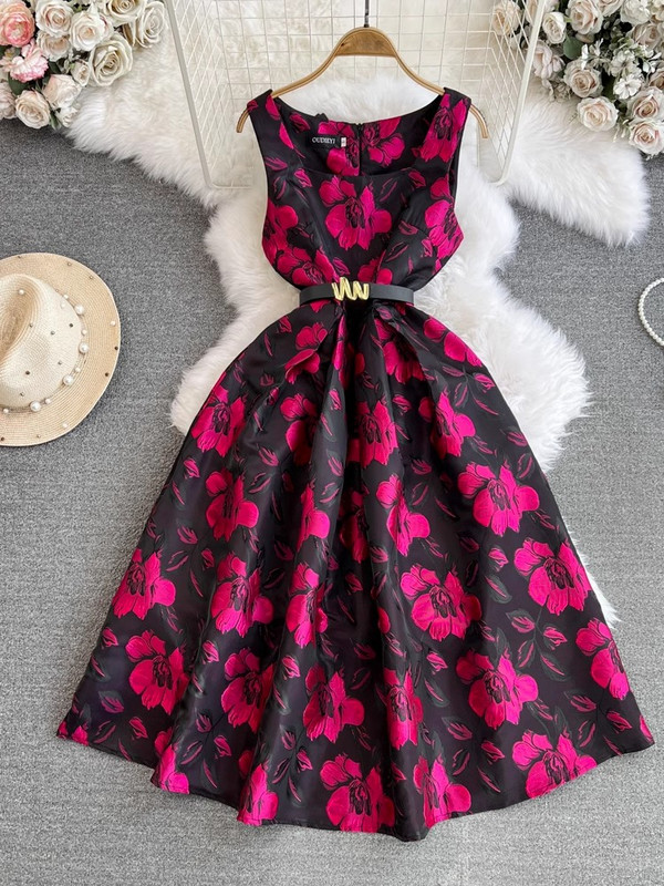 Nyári Runway Virág Jacquard Ruha Női Ujjatlan O Nyak Tank Cipzáras Öv Zseb Designer báli ruha Party Prom Midi Vestidos