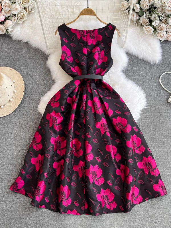 Nyári Runway Virág Jacquard Ruha Női Ujjatlan O Nyak Tank Cipzáras Öv Zseb Designer báli ruha Party Prom Midi Vestidos