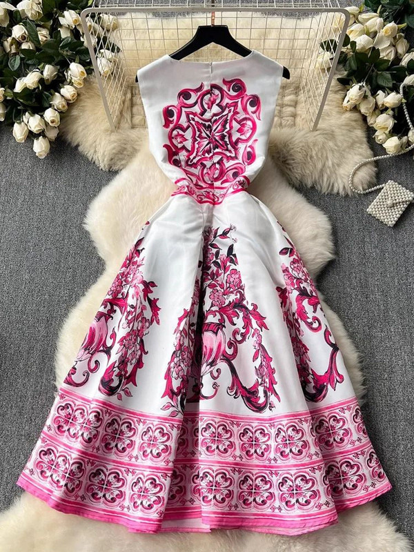 Nyári Elegáns Rózsaszín Kék-Fehér Porcelánmintás buliruhák Női Ujjatlan Tank Zseb Esti báli Ünnepi Vestidos