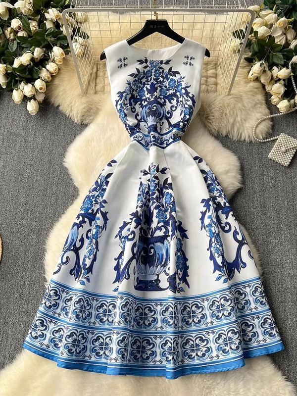 Nyári Elegáns Rózsaszín Kék-Fehér Porcelánmintás buliruhák Női Ujjatlan Tank Zseb Esti báli Ünnepi Vestidos