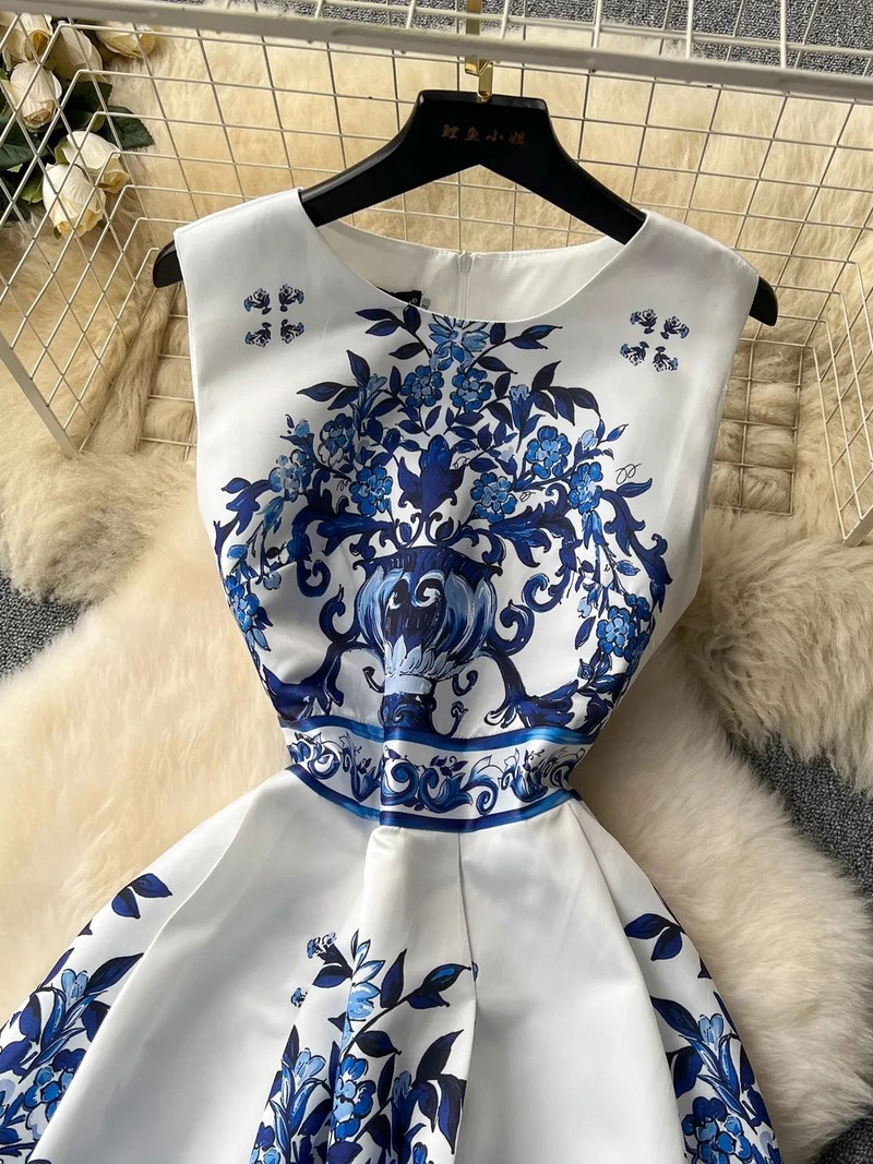 Nyári Elegáns Rózsaszín Kék-Fehér Porcelánmintás buliruhák Női Ujjatlan Tank Zseb Esti báli Ünnepi Vestidos