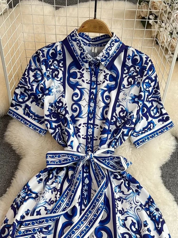 Nyári szünet Kék-fehér porcelán midi ing ruha női rövid ujjú, egysoros, fűzős ruhák női ruhák