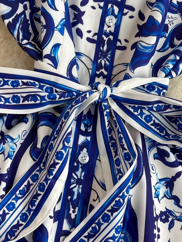 Nyári szünet Kék-fehér porcelán midi ing ruha női rövid ujjú, egysoros, fűzős ruhák női ruhák