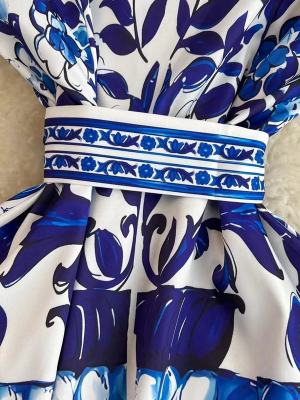 Nyári szünet Kék-fehér porcelán midi ing ruha női rövid ujjú, egysoros, fűzős ruhák női ruhák