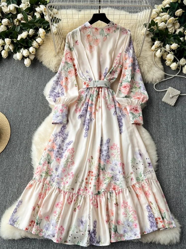 Őszi ünnep virág hosszú ruha női álló lámpás ujjú egysoros öv Bohém virágmintás vászon köntös Vestidos