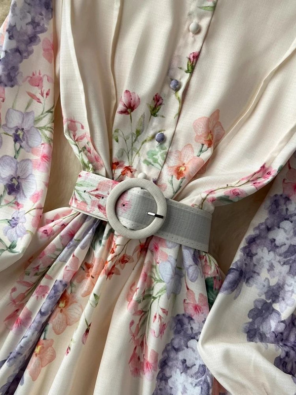 Őszi ünnep virág hosszú ruha női álló lámpás ujjú egysoros öv Bohém virágmintás vászon köntös Vestidos