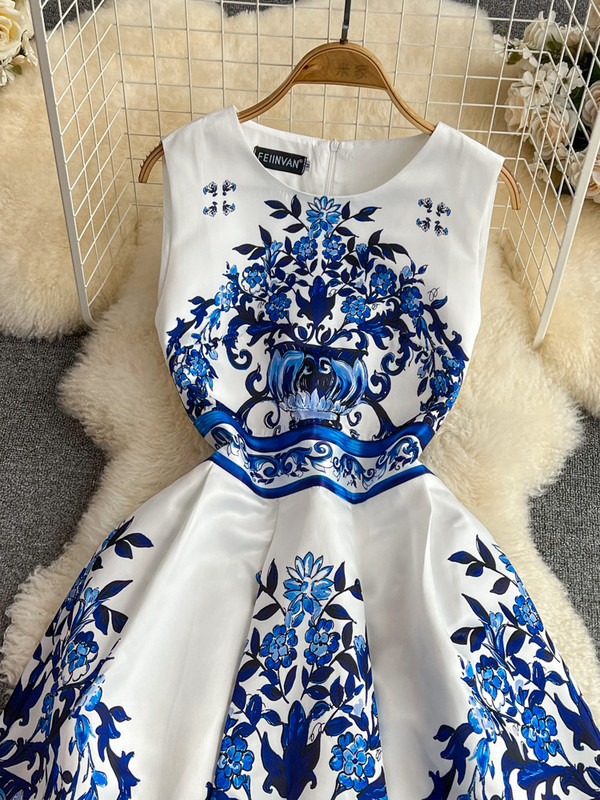 Női Elegáns buliruha Nyári divatos kerek nyakú, ujjatlan nyomtatott kék ruhák Női Vintage vékony A-vonalú hosszú ruha