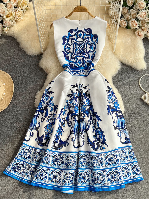 Női Elegáns buliruha Nyári divatos kerek nyakú, ujjatlan nyomtatott kék ruhák Női Vintage vékony A-vonalú hosszú ruha