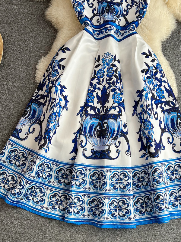 Női Elegáns buliruha Nyári divatos kerek nyakú, ujjatlan nyomtatott kék ruhák Női Vintage vékony A-vonalú hosszú ruha