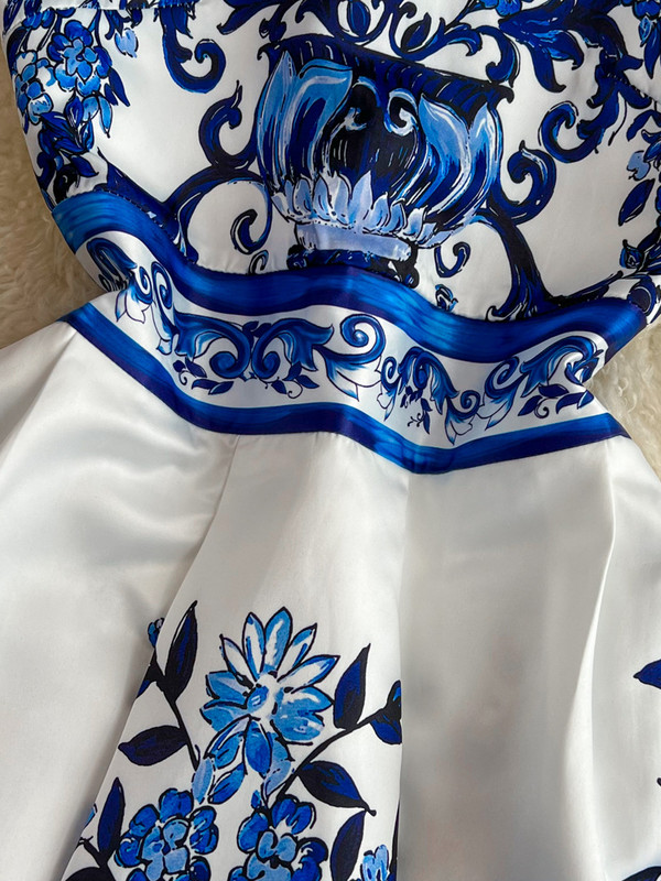 Női Elegáns buliruha Nyári divatos kerek nyakú, ujjatlan nyomtatott kék ruhák Női Vintage vékony A-vonalú hosszú ruha