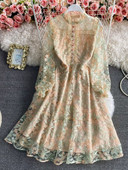 Runway Luxury Mesh Lace Κεντημένο Floral Φόρεμα Νέο καλοκαιρινό γυναικείο μακρυμάνικο λουλούδι κέντημα βολάν γραφείου Φόρεμα για πάρτι