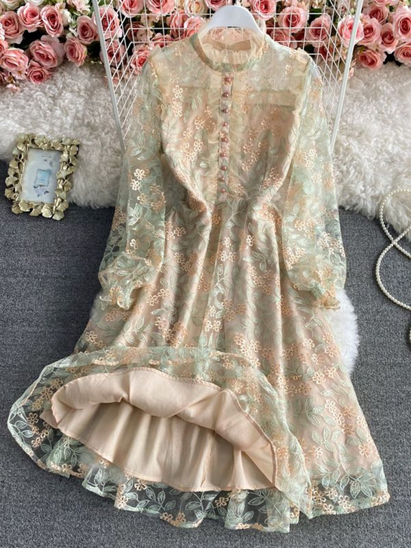 Runway Luxus hálós csipkével hímzett virágos ruha új nyári női hosszú ujjú virágos hímzés fodros irodai party midi ruha