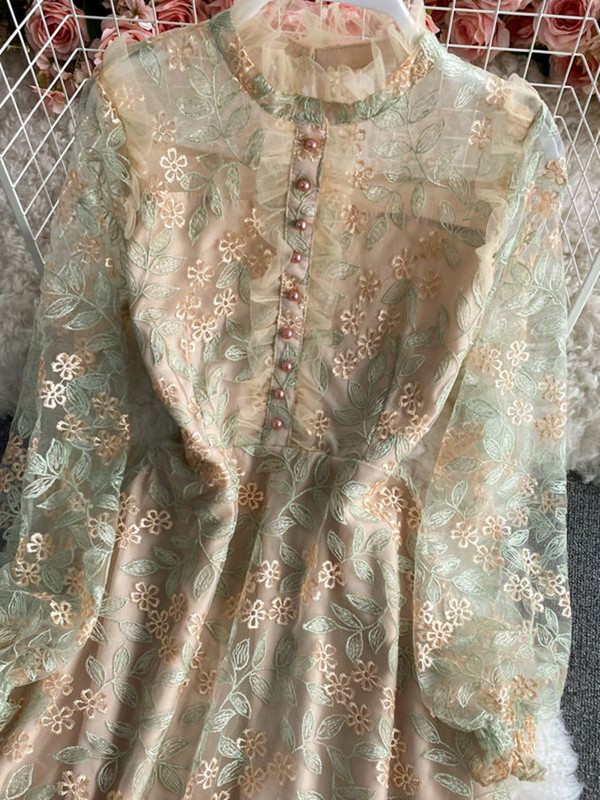 Runway Luxus hálós csipkével hímzett virágos ruha új nyári női hosszú ujjú virágos hímzés fodros irodai party midi ruha