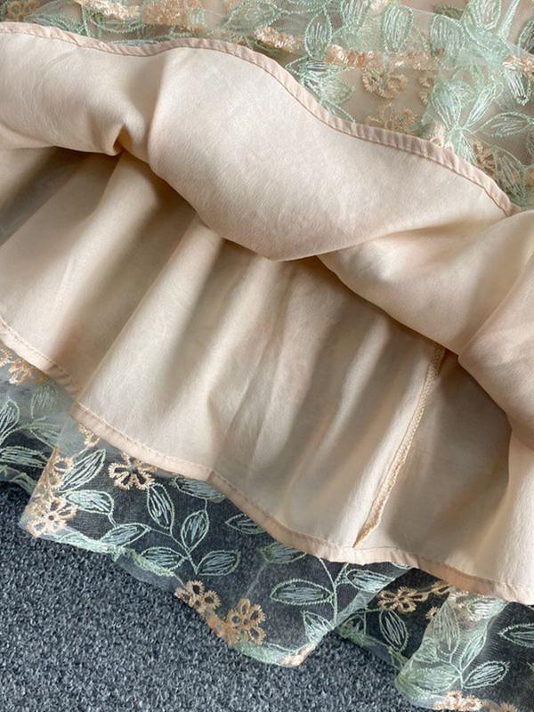 Runway Luxus hálós csipkével hímzett virágos ruha új nyári női hosszú ujjú virágos hímzés fodros irodai party midi ruha