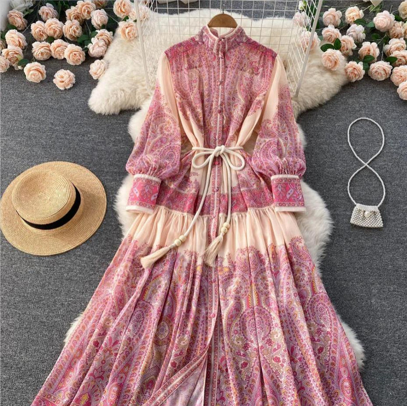 2024-es nyári szünet, csíkos, virágos maxi ruha, női divat, álló gallér, hosszú ujjú, egysoros öv Vestidos kifutópálya