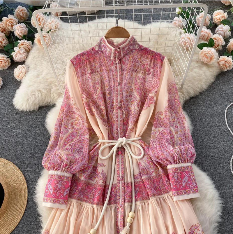 2024-es nyári szünet, csíkos, virágos maxi ruha, női divat, álló gallér, hosszú ujjú, egysoros öv Vestidos kifutópálya