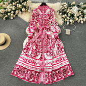 JAMERARY Runway Red Blue White Porcelain Print Holiday Maxi Φόρεμα Γυναικείο Stand Μονό στήθος Loose Lace Up Ζώνη μακριά Vestido