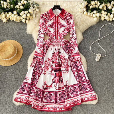 JAMERARY Runway Red Blue White Porcelain Print Holiday Maxi Φόρεμα Γυναικείο Stand Μονό στήθος Loose Lace Up Ζώνη μακριά Vestido
