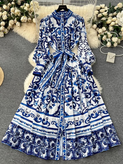 JAMERARY Runway Red Blue White Porcelain Print Holiday Maxi Φόρεμα Γυναικείο Stand Μονό στήθος Loose Lace Up Ζώνη μακριά Vestido