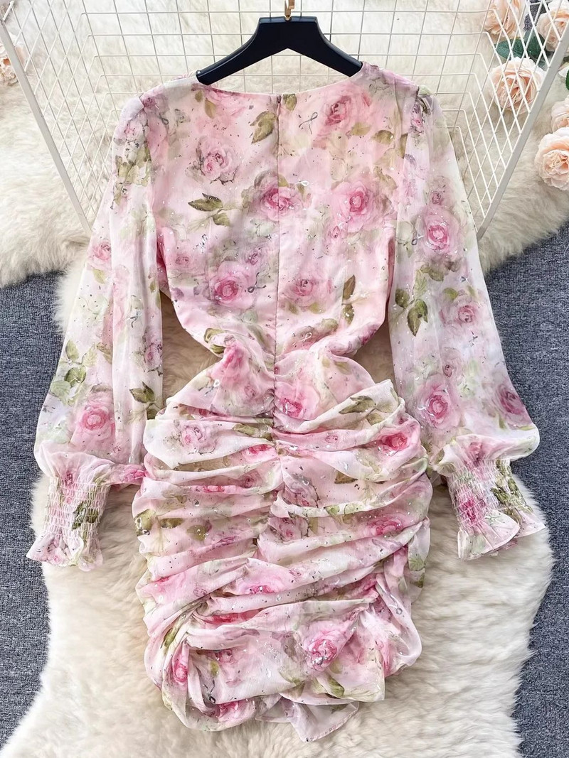 Őszi gyönyörű virágos Bodycon ruha Női, drapériás, lépcsőzetes fodros V nyakú, hosszú petel ujjú fényes virágmintás mini Vestidos