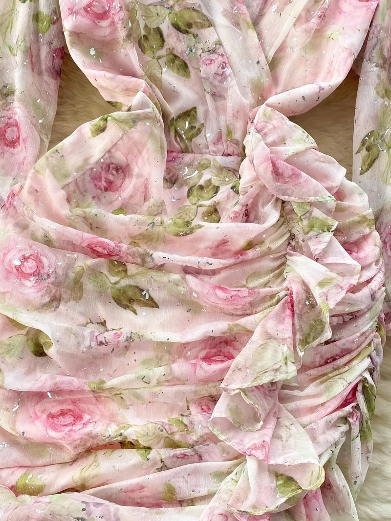 Őszi gyönyörű virágos Bodycon ruha Női, drapériás, lépcsőzetes fodros V nyakú, hosszú petel ujjú fényes virágmintás mini Vestidos