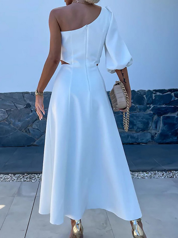 Puff ujjú, divatos buliruha, Női nyári társalgóruha Egy vállra leválasztott maxi ruha, üreges patchwork ferde galléros női ruha