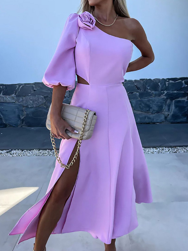 Puff ujjú, divatos buliruha, Női nyári társalgóruha Egy vállra leválasztott maxi ruha, üreges patchwork ferde galléros női ruha