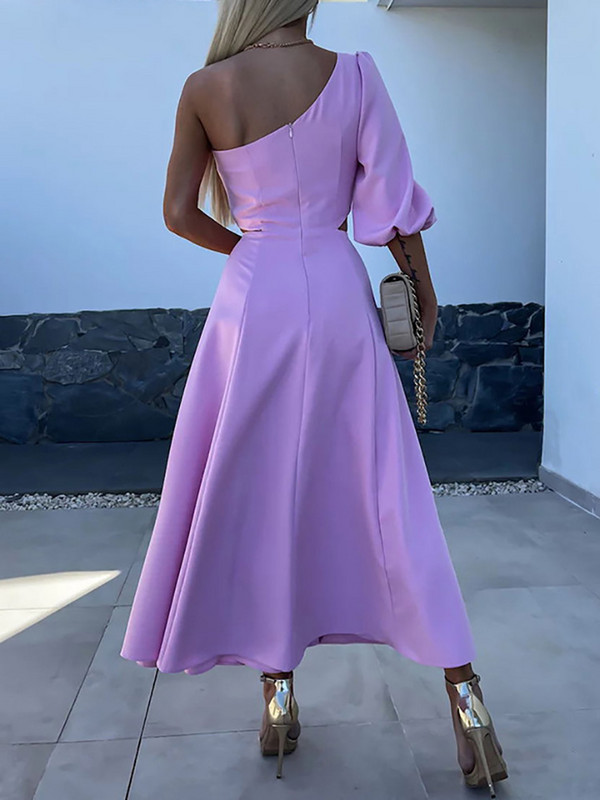 Puff ujjú, divatos buliruha, Női nyári társalgóruha Egy vállra leválasztott maxi ruha, üreges patchwork ferde galléros női ruha