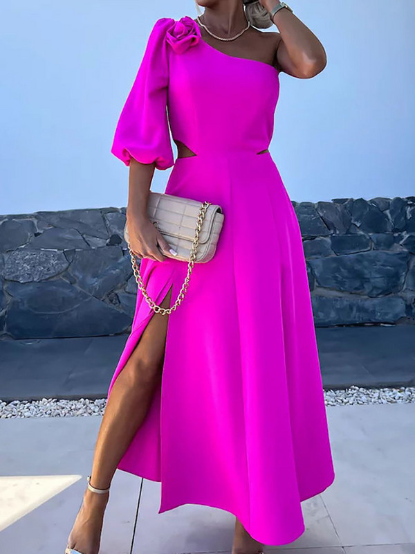 Puff ujjú, divatos buliruha, Női nyári társalgóruha Egy vállra leválasztott maxi ruha, üreges patchwork ferde galléros női ruha