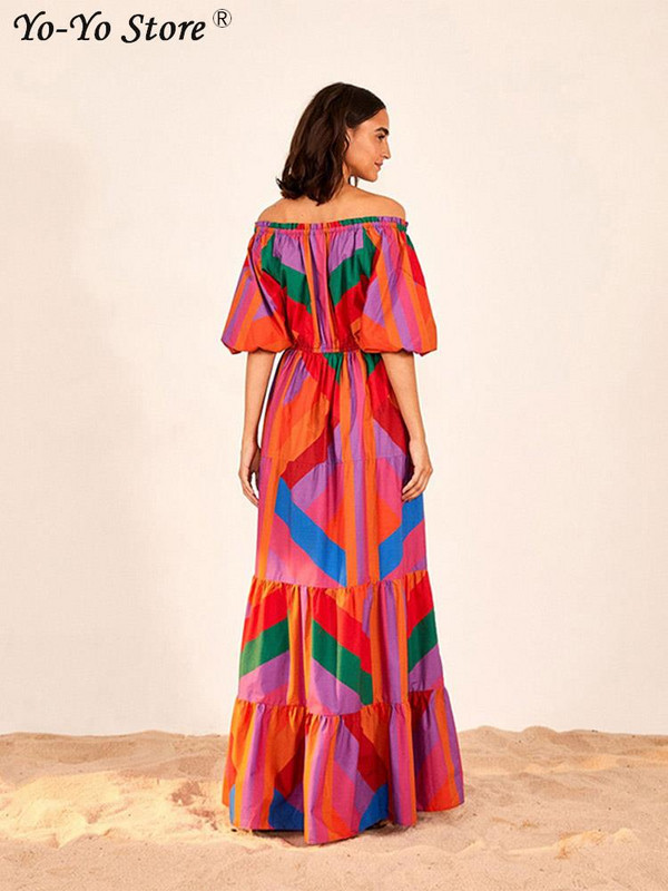 Színátmenetes színes varrással bő női ruha, lenyomat a vállról, felfújt ujjú ruhák női nyaralás tengerparton, nagy szegélyű női köntös