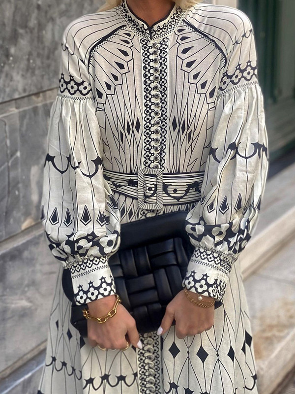 2024 tavaszi nyár elegáns állógalléros vintage ruha Elegáns buli női nyomott gombos ruha Lámpás ujjú patchwork ruha