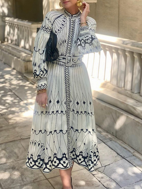 2024 tavaszi nyár elegáns állógalléros vintage ruha Elegáns buli női nyomott gombos ruha Lámpás ujjú patchwork ruha