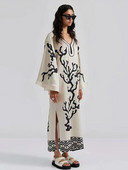 Új V nyakú, vájt szatén mintás maxi ruha női alkalmi hosszú ujjú, osztott köntös 2024 elegáns női High Street ruha Vestidos