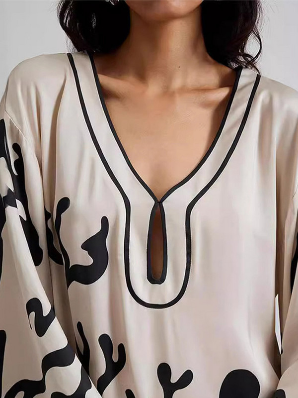 Új V nyakú, vájt szatén mintás maxi ruha női alkalmi hosszú ujjú, osztott köntös 2024 elegáns női High Street ruha Vestidos