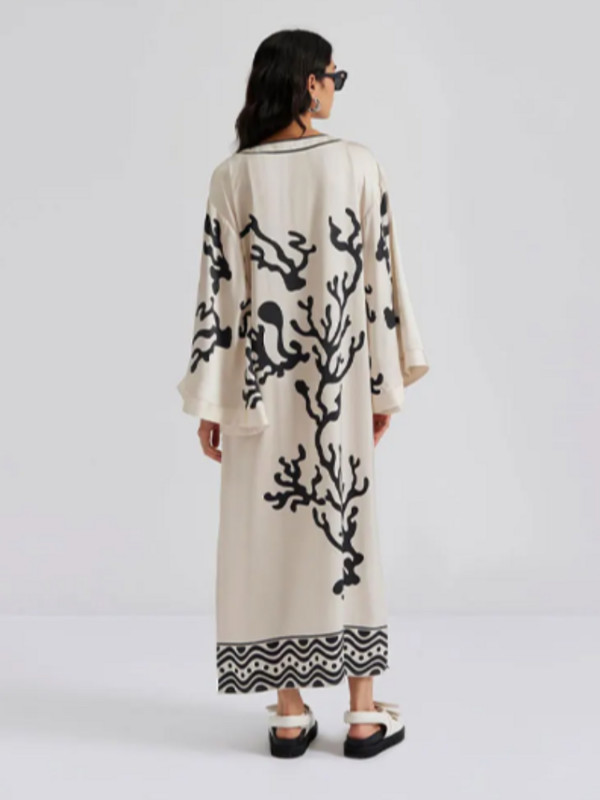 Új V nyakú, vájt szatén mintás maxi ruha női alkalmi hosszú ujjú, osztott köntös 2024 elegáns női High Street ruha Vestidos