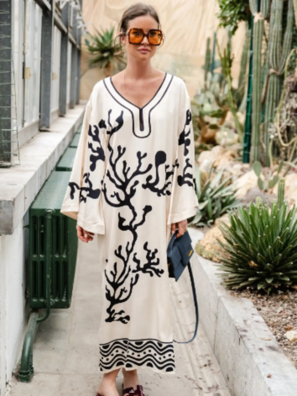 Új V nyakú, vájt szatén mintás maxi ruha női alkalmi hosszú ujjú, osztott köntös 2024 elegáns női High Street ruha Vestidos