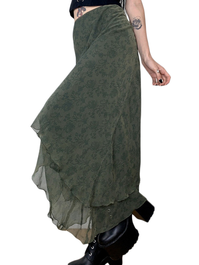 Női elegáns virágmintás midi szoknya nyári magas derekú szabálytalan szegélyű fodros retro szoknya y2k Fairycore grunge utcai viselet