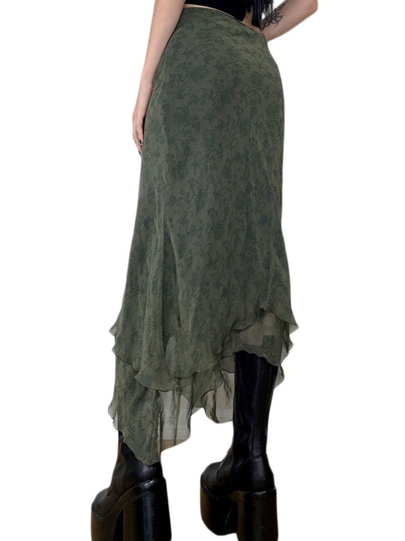 Női elegáns virágmintás midi szoknya nyári magas derekú szabálytalan szegélyű fodros retro szoknya y2k Fairycore grunge utcai viselet