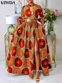 VONDA őszi buli maxi ruha 2024 női elegáns, hosszú ujjú ruha kimélyedő szexi hasított napruha alkalmi, virágos, nyomott Vestidos